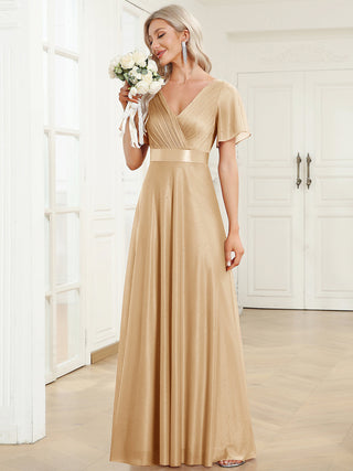 Deep V Neck Ruffles Sleeve A Line Evening Dresses