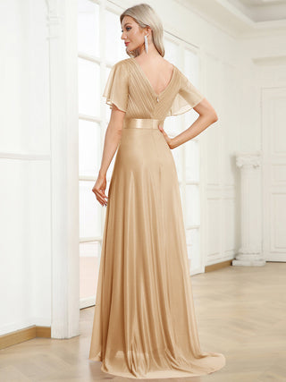 Deep V Neck Ruffles Sleeve A Line Evening Dresses