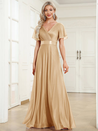 Deep V Neck Ruffles Sleeve A Line Evening Dresses