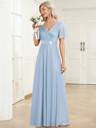 Deep V Neck Ruffles Sleeve A Line Evening Dresses