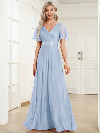 Deep V Neck Ruffles Sleeve A Line Evening Dresses