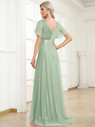 Deep V Neck Ruffles Sleeve A Line Evening Dresses