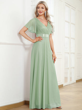 Deep V Neck Ruffles Sleeve A Line Evening Dresses