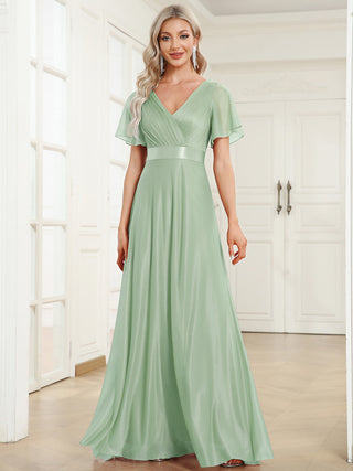Deep V Neck Ruffles Sleeve A Line Evening Dresses