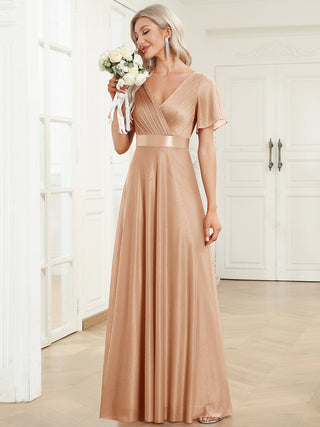 Deep V Neck Ruffles Sleeve A Line Evening Dresses