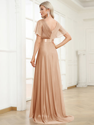 Deep V Neck Ruffles Sleeve A Line Evening Dresses