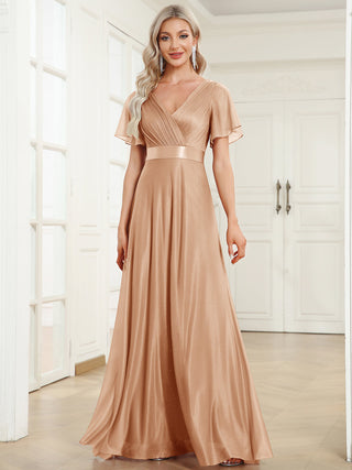 Deep V Neck Ruffles Sleeve A Line Evening Dresses