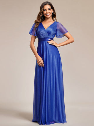 Deep V Neck Ruffles Sleeve A Line Evening Dresses