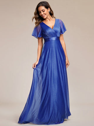 Deep V Neck Ruffles Sleeve A Line Evening Dresses