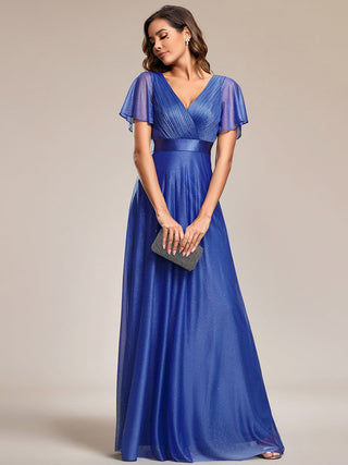 Deep V Neck Ruffles Sleeve A Line Evening Dresses