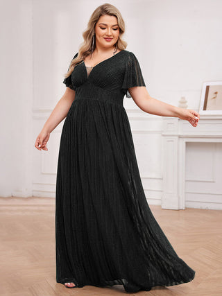 Plus Size Elegant See-Through Deep V Neck Floor Length Short Ruffles Sleeves Sequin Evening Dresses