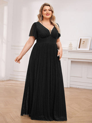 Plus Size Elegant See-Through Deep V Neck Floor Length Short Ruffles Sleeves Sequin Evening Dresses