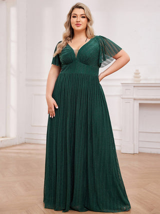 Plus Size Elegant See-Through Deep V Neck Floor Length Short Ruffles Sleeves Sequin Evening Dresses