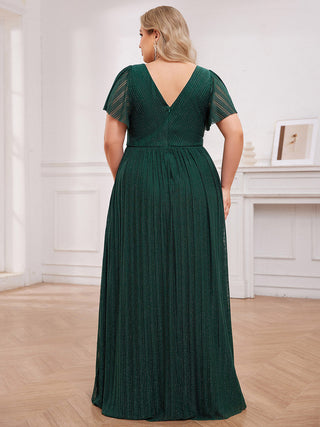 Plus Size Elegant See-Through Deep V Neck Floor Length Short Ruffles Sleeves Sequin Evening Dresses