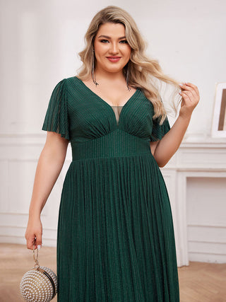Plus Size Elegant See-Through Deep V Neck Floor Length Short Ruffles Sleeves Sequin Evening Dresses