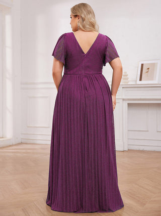 Plus Size Elegant See-Through Deep V Neck Floor Length Short Ruffles Sleeves Sequin Evening Dresses
