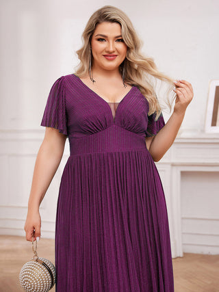 Plus Size Elegant See-Through Deep V Neck Floor Length Short Ruffles Sleeves Sequin Evening Dresses