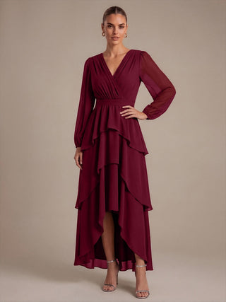 Long Sleeve Chiffon A-Line Crossover Wedding Guest Dresses