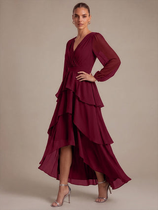 Long Sleeve Chiffon A-Line Crossover Wedding Guest Dresses