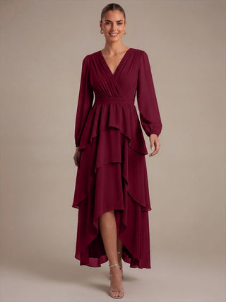 Long Sleeve Chiffon A-Line Crossover Wedding Guest Dresses