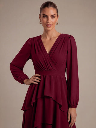 Long Sleeve Chiffon A-Line Crossover Wedding Guest Dresses