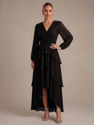 Long Sleeve Chiffon A-Line Crossover Wedding Guest Dresses