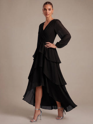 Long Sleeve Chiffon A-Line Crossover Wedding Guest Dresses