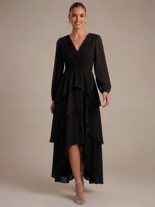 Long Sleeve Chiffon A-Line Crossover Wedding Guest Dresses