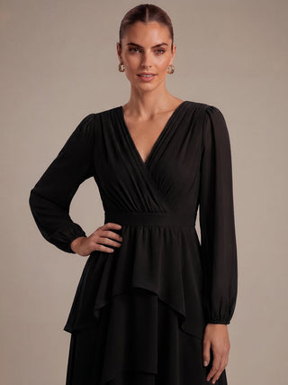 Long Sleeve Chiffon A-Line Crossover Wedding Guest Dresses