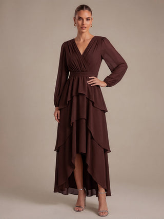 Long Sleeve Chiffon A-Line Crossover Wedding Guest Dresses