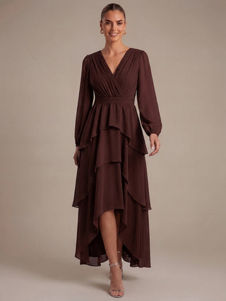 Long Sleeve Chiffon A-Line Crossover Wedding Guest Dresses