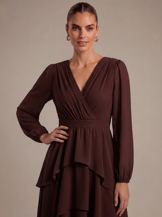 Long Sleeve Chiffon A-Line Crossover Wedding Guest Dresses