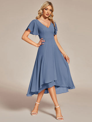 Plus Size V-Neck High Low CHiffon Ruffles Wedding Guest Dresses