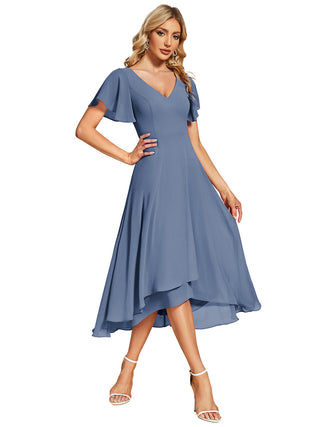 Plus Size V-Neck High Low CHiffon Ruffles Wedding Guest Dresses