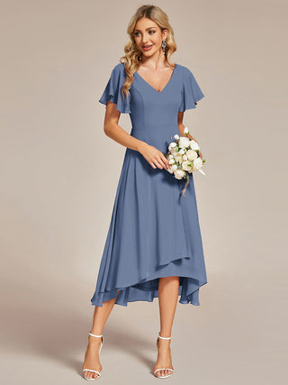 Plus Size V-Neck High Low CHiffon Ruffles Wedding Guest Dresses