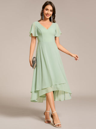 Plus Size V-Neck High Low CHiffon Ruffles Wedding Guest Dresses