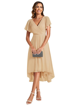 Short Sleeve Pleated Chiffon A-Line Wedding Guest Dresses