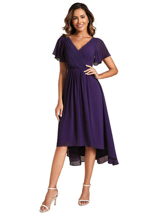 Short Sleeve Pleated Chiffon A-Line Wedding Guest Dresses