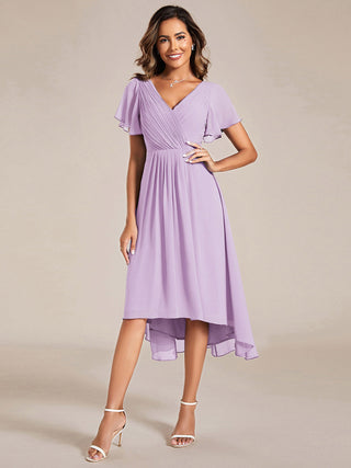 Short Sleeve Pleated Chiffon A-Line Wedding Guest Dresses