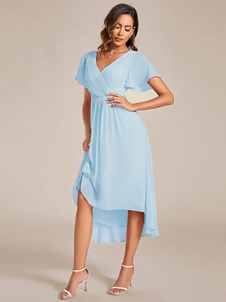 Short Sleeve Pleated Chiffon A-Line Wedding Guest Dresses