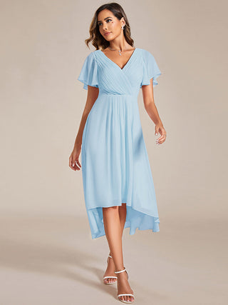 Short Sleeve Pleated Chiffon A-Line Wedding Guest Dresses