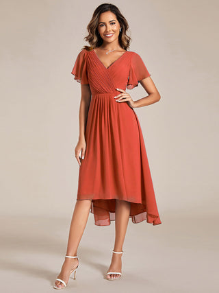 Short Sleeve Pleated Chiffon A-Line Wedding Guest Dresses