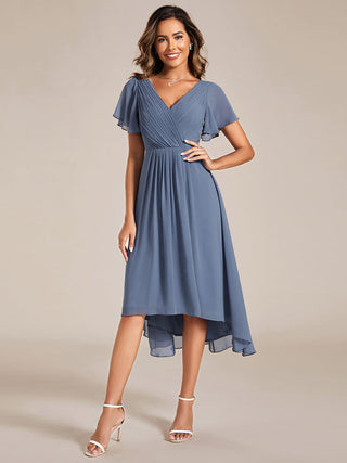 Short Sleeve Pleated Chiffon A-Line Wedding Guest Dresses