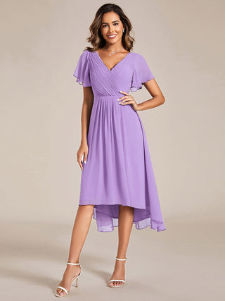 Short Sleeve Pleated Chiffon A-Line Wedding Guest Dresses