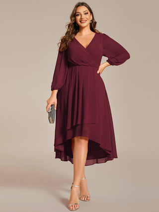 Long Sleeve Asymmetrical Hem Deep V-Neck Non-Stretch Wedding Guest Dresses
