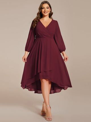 Long Sleeve Asymmetrical Hem Deep V-Neck Non-Stretch Wedding Guest Dresses