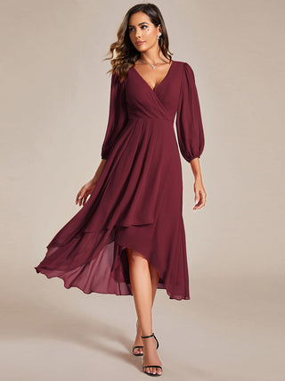 Long Sleeve Asymmetrical Hem Deep V-Neck Non-Stretch Wedding Guest Dresses