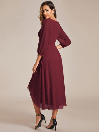 Long Sleeve Asymmetrical Hem Deep V-Neck Non-Stretch Wedding Guest Dresses