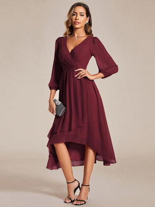 Long Sleeve Asymmetrical Hem Deep V-Neck Non-Stretch Wedding Guest Dresses