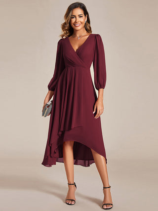 Long Sleeve Asymmetrical Hem Deep V-Neck Non-Stretch Wedding Guest Dresses